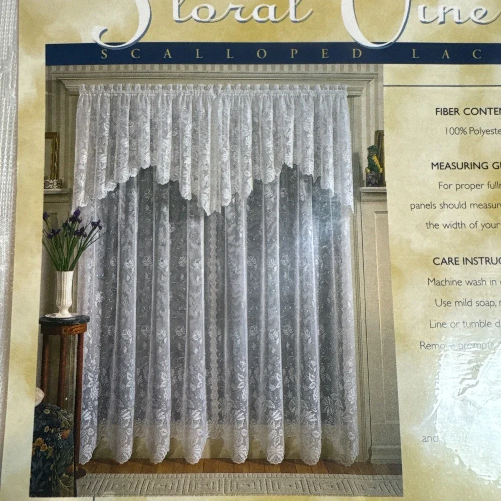 Floral Vine One Panel Eggshell style Barbara Scalloped Lace 56x63 inches